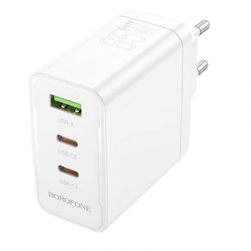 Borofone BN12 hálózati töltő USB + 2XUSB-C QC3.0 PD 65W 3A, fehér