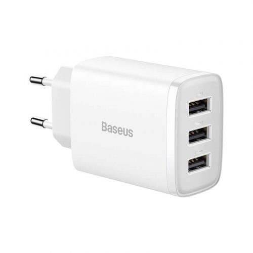 Baseus hálózati töltő, Compact töltő 3XUSB, 17W, EU, fehér (CCXJ020102)