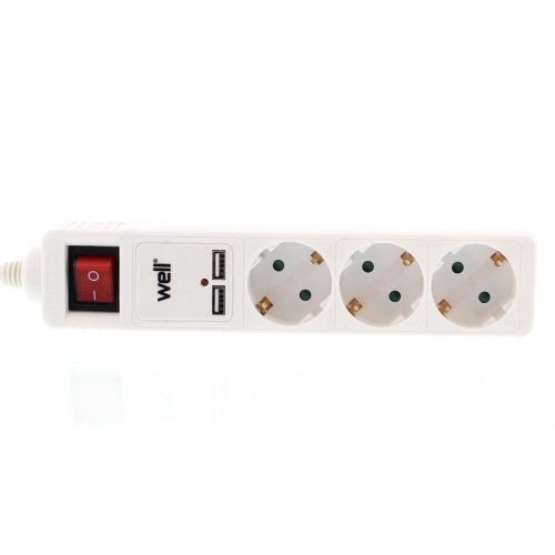 Well EXTS-3S3M-USB/01-WL Három férőhelyes földelt kapcsolós elosztó + 2x USB, 3m